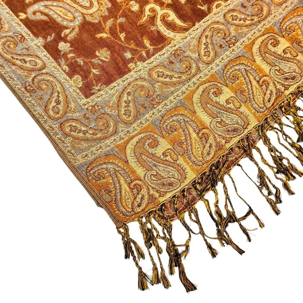 New Large Paisley Scarf Wrap Pashmina Brown Cream Fringe Classic - Picture 8 of 9